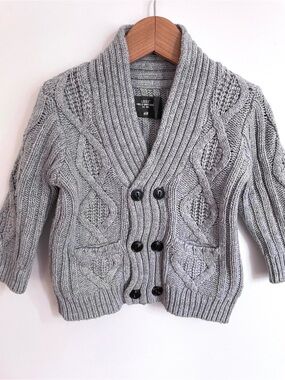 Wool Blend Cable Knit Cardigan Grandpa Sweater, Double Breasted Buttons, Pockets